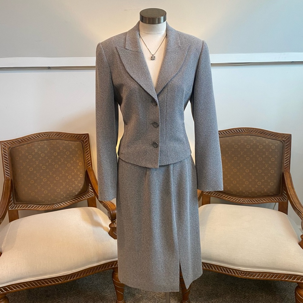 Vintage 90s Gray Women's Blazer Jacket Skirt Suit Set by Alberto Makali, S/M